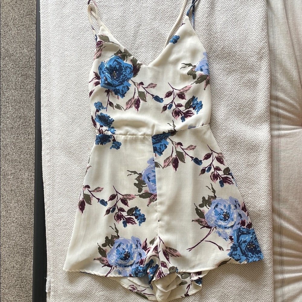 Lush Cream and Blue Floral Jumpsuit